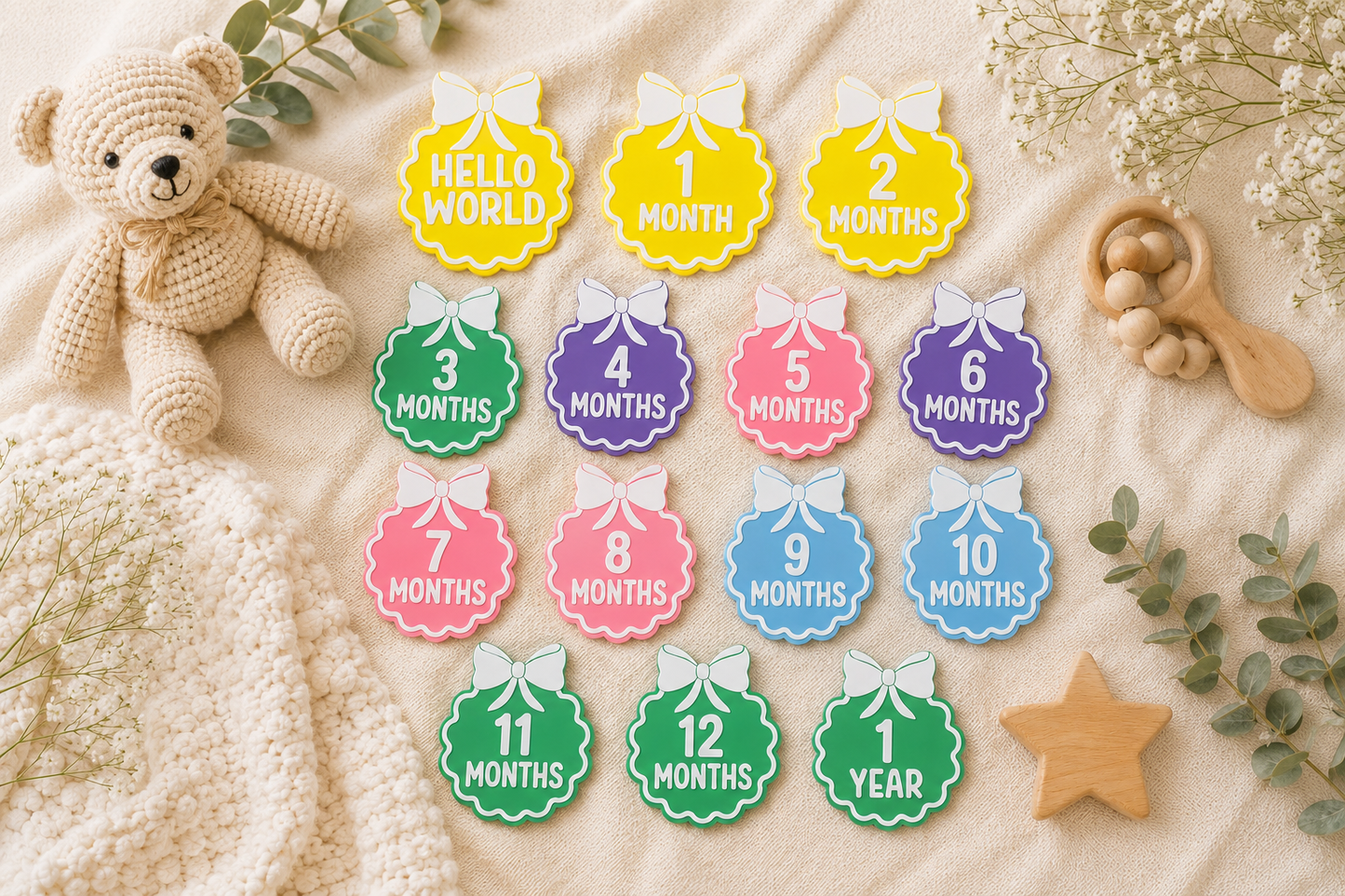 Baby Monthly Milestone Discs| Hello World Milestone| One Month to One Year Milestone| Photo Prop | Baby Shower Gift | First Birthday Keepsake
