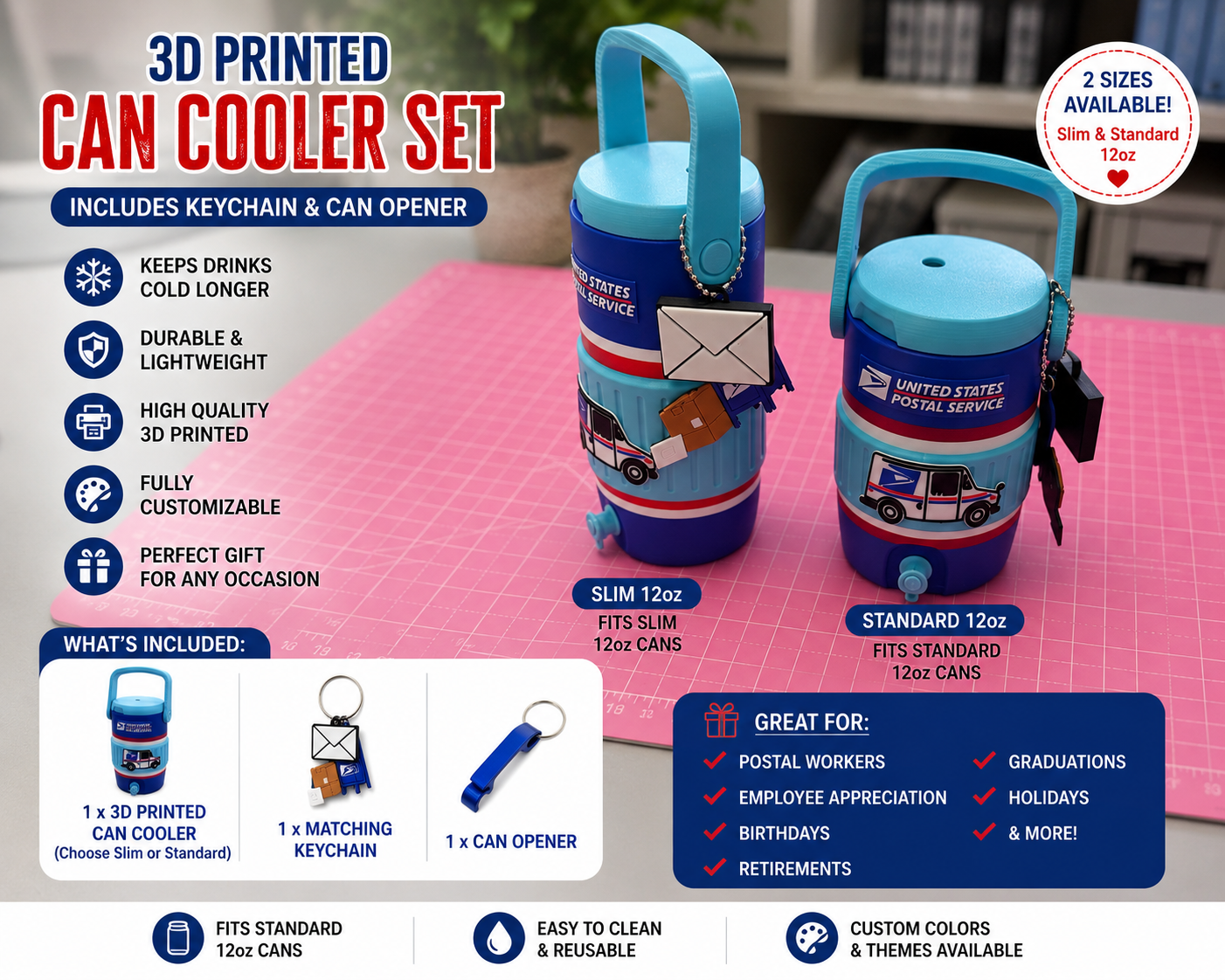USPS-Inspired 3D Printed Can Cooler Set with Matching Keychain & Can Opener| 12oz Slim Can Cooler