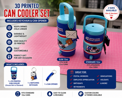 USPS-Inspired 3D Printed Can Cooler Set with Matching Keychain & Can Opener| 12oz Slim Can Cooler