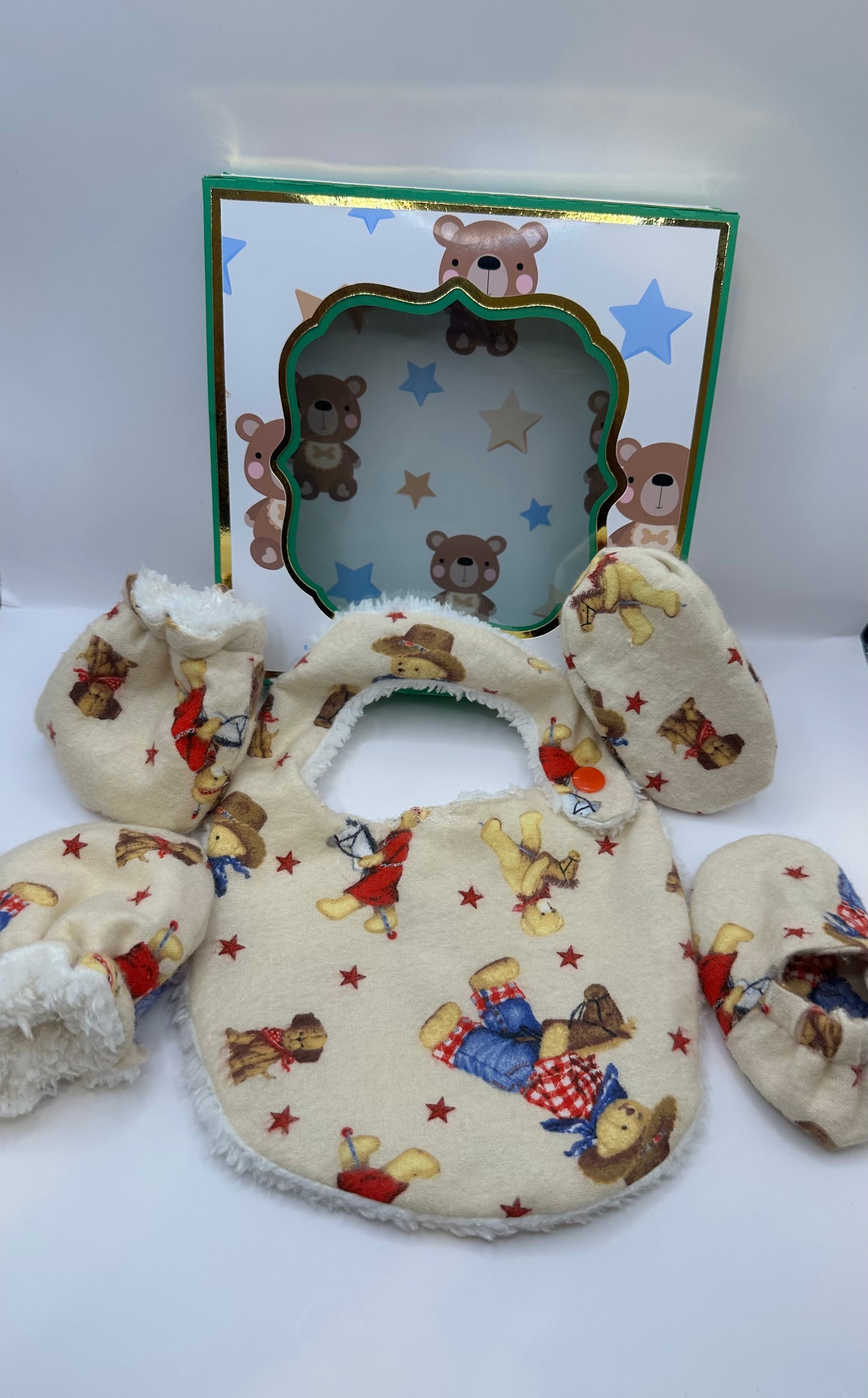 Baby Essential set, Handmade Baby shoes, Bib,and mitten set, Baby unisex set, New Mom gift, Perfect for baby showers.