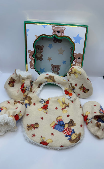 Baby Essential set, Handmade Baby shoes, Bib,and mitten set, Baby unisex set, New Mom gift, Perfect for baby showers.