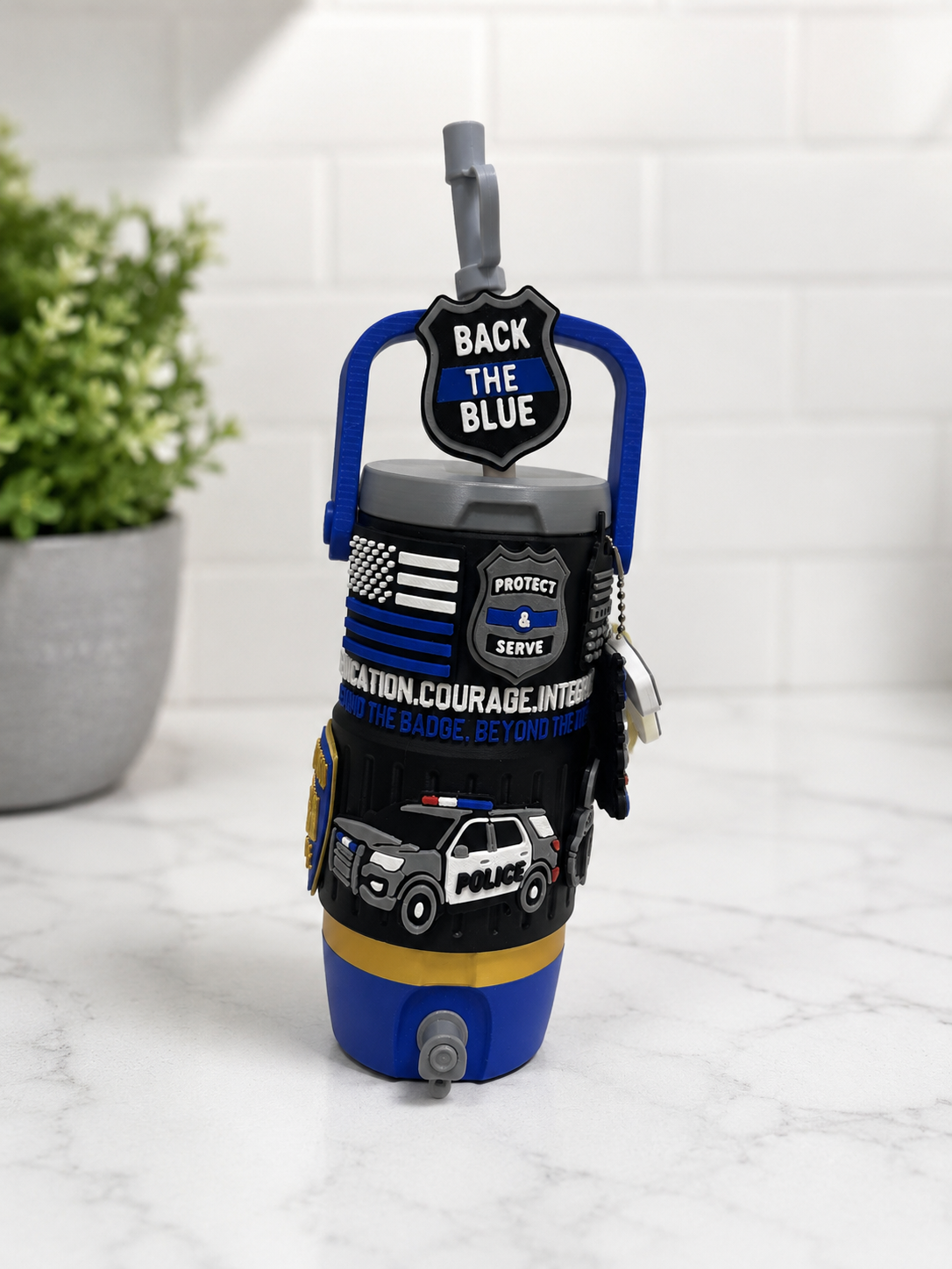 Personalized Police Can Cooler | 3D Printed Back the Blue | 12 oz Standard & Slim | Law Enforcement Gift | Reusable Straw