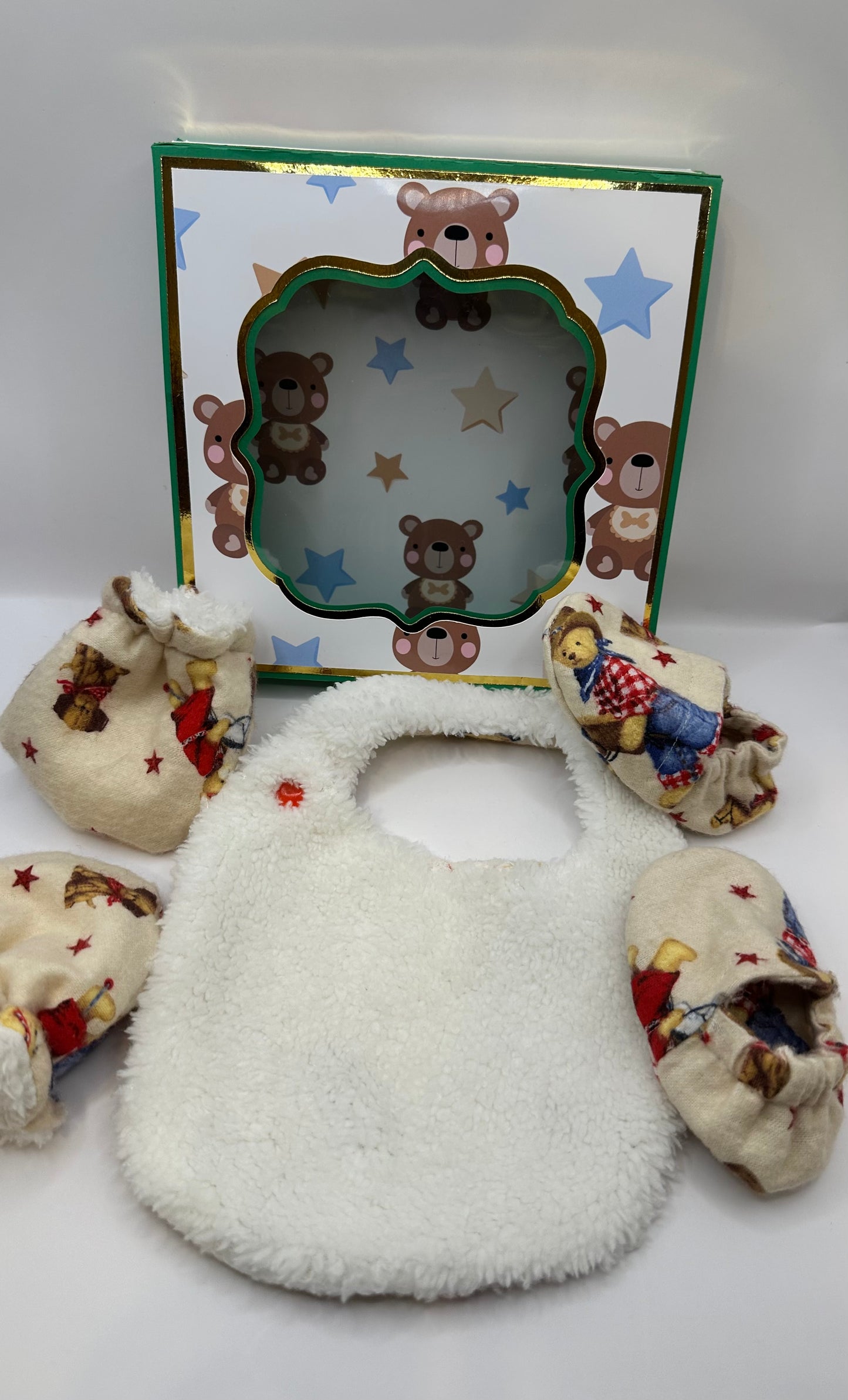 Baby Essential set, Handmade Baby shoes, Bib,and mitten set, Baby unisex set, New Mom gift, Perfect for baby showers.