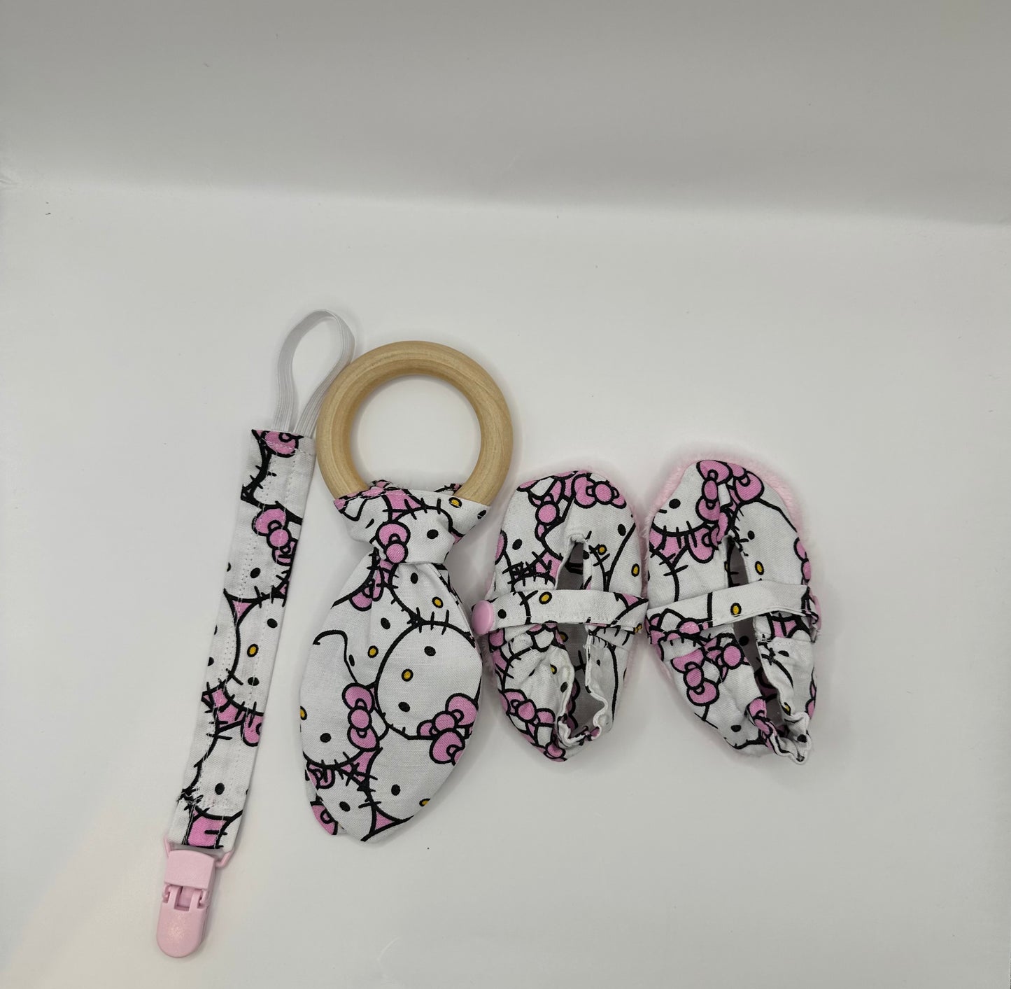 Baby Essentials Set, Newborn Set, Baby shower gift, Hello Kitty inspired with teether ring, Pacifier clip, and Mary Jane shoes