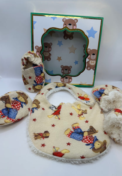 Baby Essential set, Handmade Baby shoes, Bib,and mitten set, Baby unisex set, New Mom gift, Perfect for baby showers.