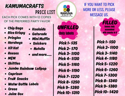 Custom Party Favors| Party Favor Pack| Filled Party Favors| Unfilled Party Favors| Chip Bag Labels| Water Bottle Labels