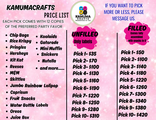 Custom Party Favors| Party Favor Pack| Filled Party Favors| Unfilled Party Favors| Chip Bag Labels| Water Bottle Labels