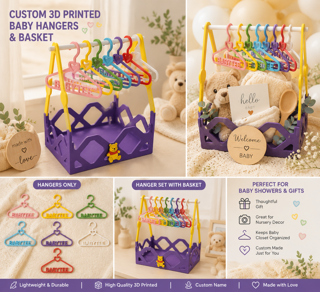 Custom 3D Printed Baby Hangers & Baby Basket Set | Personalized Nursery Organizer | Baby Shower Gift | Newborn Keepsake