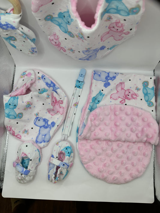 Baby Essential Set, Baby shower gift with Burb cloth, Hand mitten, booties, bandana bip, pacifier clip, teether ring, and a bip