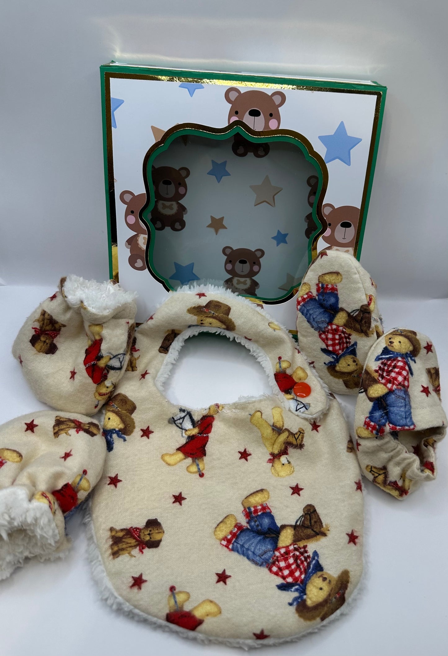 Baby Essential set, Handmade Baby shoes, Bib,and mitten set, Baby unisex set, New Mom gift, Perfect for baby showers.
