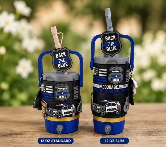 Personalized Police Can Cooler | 3D Printed Back the Blue | 12 oz Standard & Slim | Law Enforcement Gift | Reusable Straw