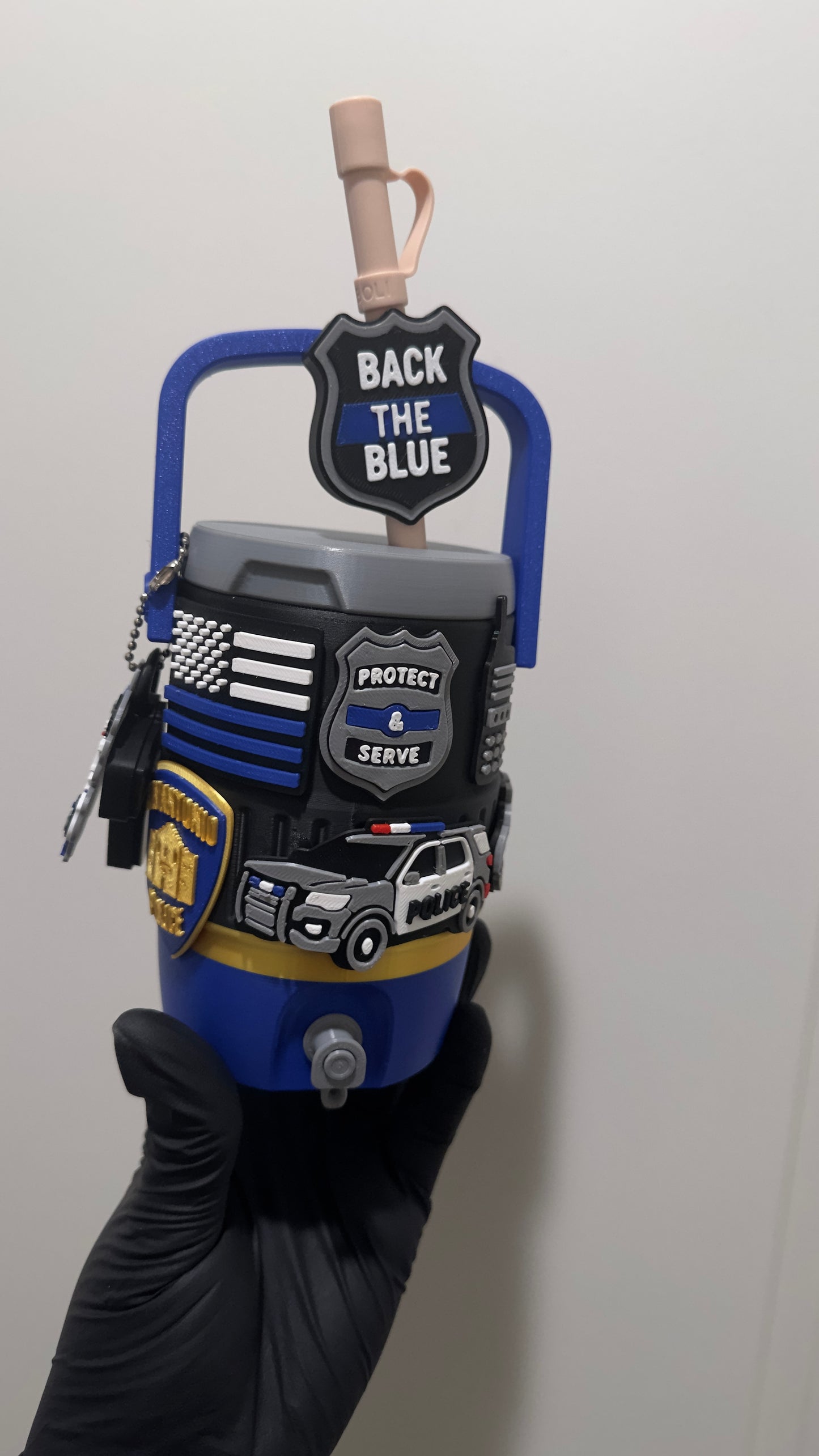 Personalized Police Can Cooler | 3D Printed Back the Blue | 12 oz Standard & Slim | Law Enforcement Gift | Reusable Straw