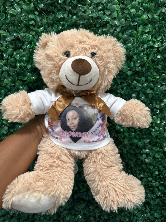 Personalized Cuddly Teddy Bear with Custom Apparel and Voice Recording.
