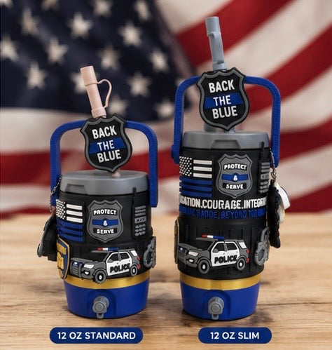 Personalized Police Can Cooler | 3D Printed Back the Blue | 12 oz Standard & Slim | Law Enforcement Gift | Reusable Straw