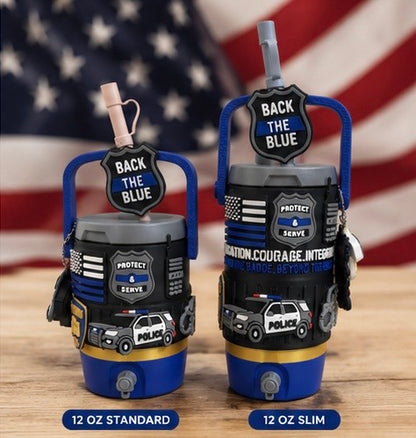 Personalized Police Can Cooler | 3D Printed Back the Blue | 12 oz Standard & Slim | Law Enforcement Gift | Reusable Straw