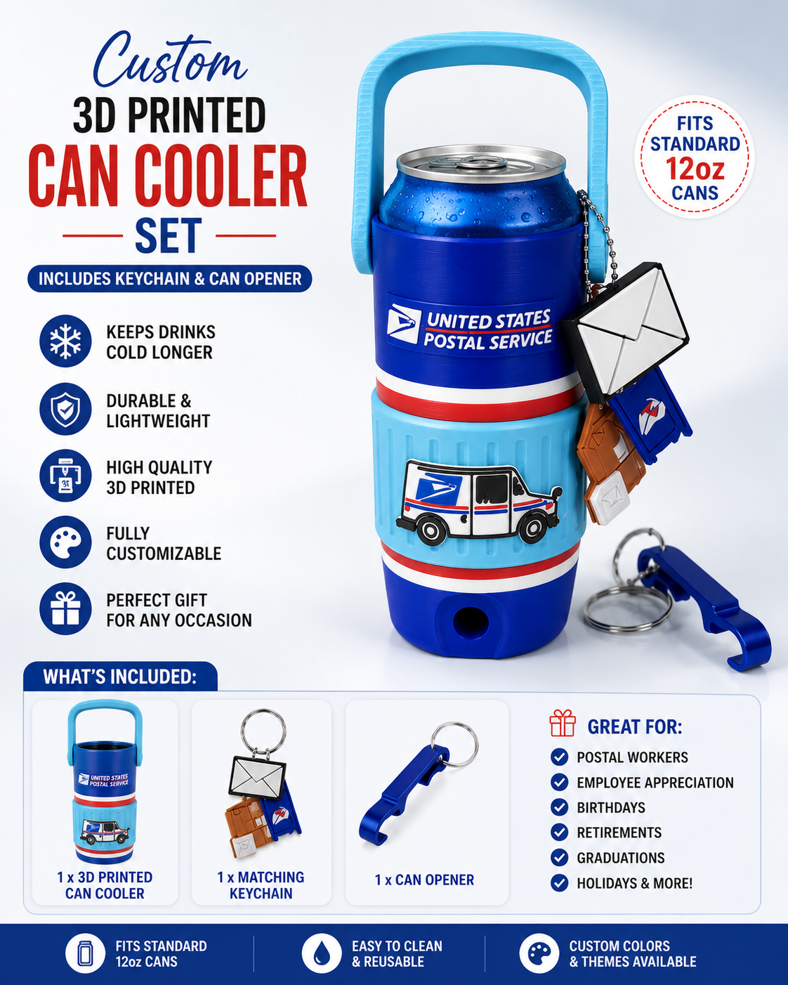 USPS-Inspired 3D Printed Can Cooler Set with Matching Keychain & Can Opener| 12oz Slim Can Cooler