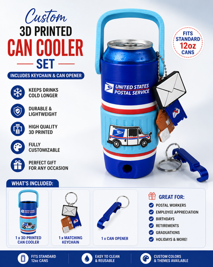 USPS-Inspired 3D Printed Can Cooler Set with Matching Keychain & Can Opener| 12oz Slim Can Cooler