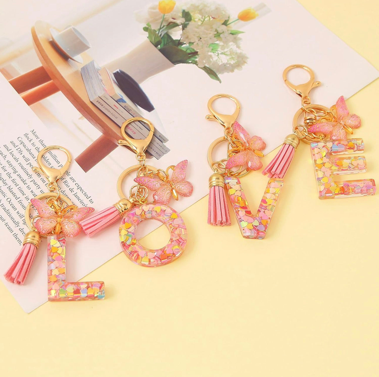 Alphabet Initial Keychain Butterfly Tassel Pendant KeyRing
