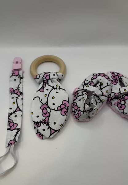 Baby Essentials Set, Newborn Set, Baby shower gift, Hello Kitty inspired with teether ring, Pacifier clip, and Mary Jane shoes