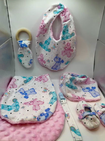 Baby Essential Set, Baby shower gift with Burb cloth, Hand mitten, booties, bandana bip, pacifier clip, teether ring, and a bip